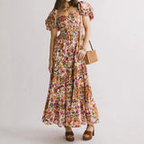 Daiiibabyyy  Women Summer Square Collar Holiday Dress 2025 Chic Floral Print Female Long Dress French Elegant Puff Sleeve Swing A-line Dress
