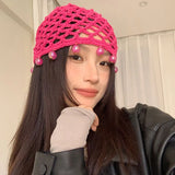 DAIIIBABYYY  -  Solid Color Versatile Handmade Hollow Crocheted Knitted Hat For Women Girls Personalized Beaded Design Hollow Pullover Hat Gifts