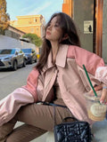 DAIIIBABYYY  -  Women's European Short Pink PU Leather Coat Female American Spliced Motorcycle Jacket Casual Street Style Leather Jacket