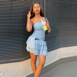 Daiiibabyyy  Sweet Light Blue Polka Dot Mini Dress Women Trendy Strapless Ruched Tiered Ruffle Bow Vestido Bridal Shower Date Night Gown