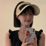 DAIIIBABYYY  -  Trendy Bow Woven Hollow Top Decorative Straw Hat for Women, Summer Seaside Sun Hat, Cycling Vacation Sun Shading Hat