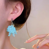 Daiiibabyyy  Summer Fresh Sky Blue Crack Texture Petal Tassel Dangle Earrings for Women Sliver Tone Korean Temperament Vacation Jewelry Gifts