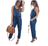 Daiiibabyyy  Casual Women Jumpsuit Sleeveless High Waist Button Front Romper Light Blue Straight Leg Solid Color Denim Jumpsuit Drawstring