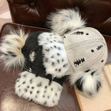 Daiiibabyyy  New Retro Leopard Print Leopard Print Pom Poms Ears Baseball Caps Women Washed Trendy Street Y2K Snapback Hat Cotton Sun Hats