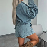 DAIIIBABYYY  -  Office Fashion Button Denim Outfit Sexy Irregular Slim Mini Shorts Two Piece Sets New Spring Lapel Long Sleeve Shirt Women Suits