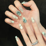 Daiiibabyyy  10pcs Summer Little Fresh Handmade Press On Nails Mint Green Cat's Eye Glossy Diamond Decor Fake Nails Simple French False Nail