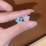 Daiiibabyyy  Two-Sided Blue Zircon Star Hoop Earrings for Women Exquisite Sweet Dangle Earrings Fashion Simple Versatile Jewelry Daily Gifts
