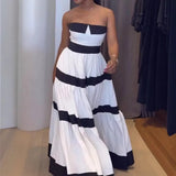 Daiiibabyyy  Summer Woman Dress Strapless Black And White Striped Dresses Tiered Skirt Maxi Dress Ruched Waist Evening Dress Back Bow Accent