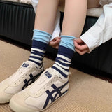 Daiiibabyyy  Women's Socks Japanese Striped Contrasting Dopamine Kawaii Rolled Edge Sports Mid Tube Socks Comfortable Breathable Cotton Socks