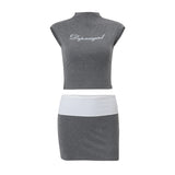 DAIIIBABYYY  -  American Retro Suit Women's Summer Letter Printed Semi-high-neck Short-sleeved T-shirt Slim-fit Wrap Hip Skirt Two-piece Set