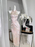 DAIIIBABYYY  -  Retro Cheongsam Slit Sexy Chinese Style Pink Qipao Dress Female Elegant Daily Dresses Costume