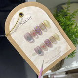 Daiiibabyyy  10PCS Purple Cat Eye Sweet Short Oval Handmade False Nails with Cute Bow Plaid Pattern French Press on Nails Full Cover Wearable