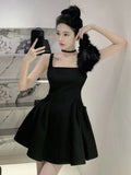 DAIIIBABYYY  -  Y2K Sweet Black Mini Dress Elegant Square Collar Spaghetti Strap A-Line Birthday Party Short Dresses Female One Piece Vestidos