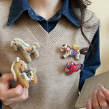 Daiiibabyyy  Cute Lovely 4 Designs Flower Embroidery Red Coffee Cloth Cartoon Horse Brooches for Women New Yesr Festival Accessories
