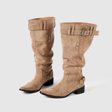 Daiiibabyyy  Women's Knee High Suede Boots Belt Buckle Pocket Design Block Heel Western Style Trendy Ladies Autumn/Winter Footwear New