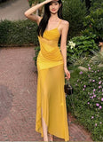DAIIIBABYYY  -  New Summer Women Fashion Yellow Holiday Irregular Long Dress Sexy V Neck Sheer High Split Fairy Dress Seaside Resort Beach Dress