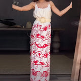 Daiiibabyyy  Casual Sleeveless Pleated Long Dress 2025 Elegant Color Blocking Women's Dress Summer Sexy Off Shoulder Print Loose Party Dress