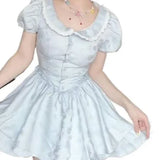 Daiiibabyyy  Fashionable French Doll Collar Mini Dress Princess Waist Cinched Tea Break Retro Skirt Short Puffy Skirt Sweet Summer Dress