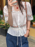 DAIIIBABYYY  -  Korean Chic Summer French Ethnic Embroidery Flower Pleat Drawstring Waist Cinching Slim Versatile Short Sleeved Shirt