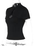 Daiiibabyyy  Black Cheongsam Collar Cutout Top Women Sexy Short Sleeve Slim Fit Shirt Spring Casual Chic Streetwear Form-fitting Tee