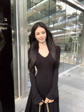 Daiiibabyyy  French Knitted Long Dress Coat Women's Early Spring Design Waist Cinching Gown Elegant Classy A- Line Skirt
