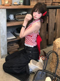 DAIIIBABYYY  -  Summer Y2k Aesthetic Stripe Patchwork Lace Tank Top Women Streetwear Halter Bandage Vest Harajuku Backless Bow Cropped Camisole