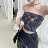 DAIIIBABYYY  -  Yi Dakeda Hollow out Knitted Tube Top Women's Short Fit Soft Outerwear Design Sensation Vest Polyester Blend Fabric