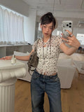 Daiiibabyyy  Fashion Polka Dot Sheer Short Sleeve Blouse Women Elegant Casual Versatile Retro Crop Tops Lady Daily Commute Streetwear