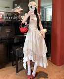 Daiiibabyyy  Irregular Sweet Lace Midi Skirt Women High Waisted Ruffled Pleated Skirt Preppy Style Summer Vacation Beach Tiered Cake Skirt