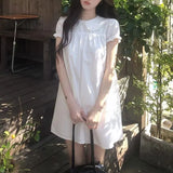 Daiiibabyyy  Fashion Peter Pan Collar Sweet A-Line Dresses Summer Solid Color Women's Clothing French Style Puff Sleeve Aura Folds Mini Dress