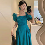 DAIIIBABYYY  -  Korean Summer Square Collar Pocket Design Bubble Sleeve Dress For Women French Minimalist Style Slash Neck Sling Length Dresses