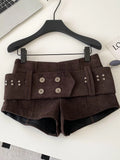 Daiiibabyyy  Sexy Retro American Sle Low Waist Belted Corduroy orts Women's Autumn Winter Casual Pants Wide Leg Button Detail