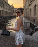 Daiiibabyyy  Chic Backless Polka Dot Halter Dress Women Sleeveless Off Shoulder Lace Up Slim Short Dresses Lady New Daily Party Vestidos