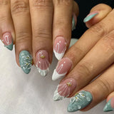 Daiiibabyyy  24PCS Glossy 3D Flower Butterfly Almond False Nails Sweet Pink Gradient with Pearl French Press on Fake Nails Wearable Ins Nails