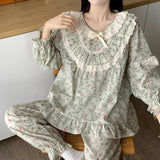 Daiiibabyyy  New Korean Sweet Style Lace Pajamas for Women Autumn Floral Bow Loose High-end Comfortable Temperature Home Wear Set