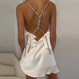 DAIIIBABYYY  -  Simple Solid Diamond Chain Slim Club Dress Sexy Hollow Out Backless Satin Mini Dress Women Fashion Sleeveless Suspender Dresses
