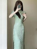 DAIIIBABYYY  -  Women Green Cheongsam Elegant Daily Improved Qipao Summer Young Girls Modern Chinese Dress Long Dresses