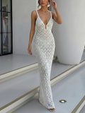 Daiiibabyyy  Sexy Low-cut V-neck Knitted Clothing Long Dress Elegant Backless Hollow Slim Fit White Dress Women Casual Sleeveless Beach Dress