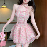 Daiiibabyyy  Princess Style Floral Lace Off-Shoulder Chiffon Dress Women's Summer Sleeveless Waist-Cinched Full Skirt Casual A-Line Dress
