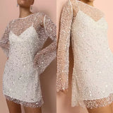 Daiiibabyyy Sexy See-through Mesh Beaded Elegant Dress Ladies Sling Mini Dress With Long Sleeve Pullover Women Fashion Solid 2pc Party Dress