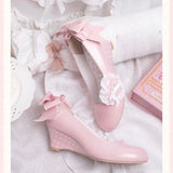 Daiiibabyyy  Japanese Vintage Gothic Style Lolita Shoes Women Sweets Polka Dot Print Lace Bow Metal Button Mary Jane Shoes Fashion Wedge Heel