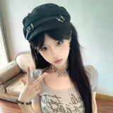 Daiiibabyyy  Subculture Cross Pendant Berets Cap Y2K Black Cotton Painter Hat Gothic Lolita Beret Hat Caps Harajuku Deco Accessories Japanese