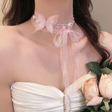 Daiiibabyyy  Romantic Butterfly Pearl Tie Bow Necklace Women Luxury Silk Ribbon Sweet Chokers Collarbone Chain Temperament Jewelry Gift Party