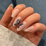 Daiiibabyyy  24Pcs Mid-length Almond Fake Nails with Butterfly Design Full Cover Nails Tips Round Head Wearable Finished Press on False Nails