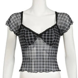 DAIIIBABYYY  -  Korean Commuter Women's Summer New Lace Square Collar Spliced Plaid Gauze Fashion Slim All-match Chic T-shirt Short Sleeve Tops