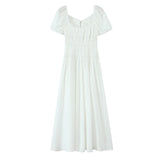 Daiiibabyyy  Holiday White Bow O neck Elastic Body Puff Sleeve Long Dress Women Slim Ruched Waist A-lined Swing Dresses Summer Robe Vestidos