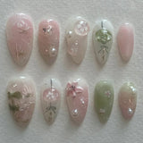 Daiiibabyyy  24Pcs Blue Pink Smudge False Nails Press on Bow Flower Butterfly Star Full Cover Nails Tips Mid-length Almond Wearable Fake Nail