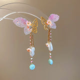 Daiiibabyyy  Fairy Imitation Pearl Rhinestone Hollow Metal Star Butterfly Tassel Dangle Earrings for Women Real Gold Copper Jewelry