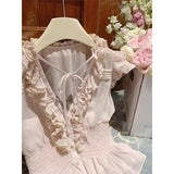 Daiiibabyyy  Kawaii Pink Shirts Women Cutecore Cropped Ruffles Chiffon Blouses Summer Ladies Fashion Korean Lace Up Flying Sleeve Tops