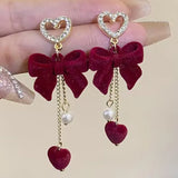 Daiiibabyyy  Red Flocked Bowknot Snowflake Star Heart Long Earrings Christmas Sweet Fashion Jewelry Women New Year Gifts